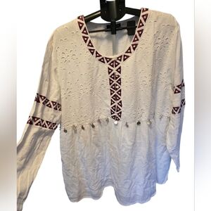 The Pyramid Collection Boho Embroidered Tunic Top 3X White Eyelet Peasant Blouse